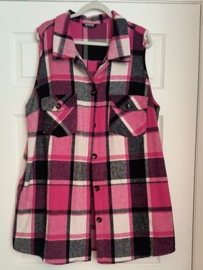 Pink Plaid Flannel Button-Up Vest